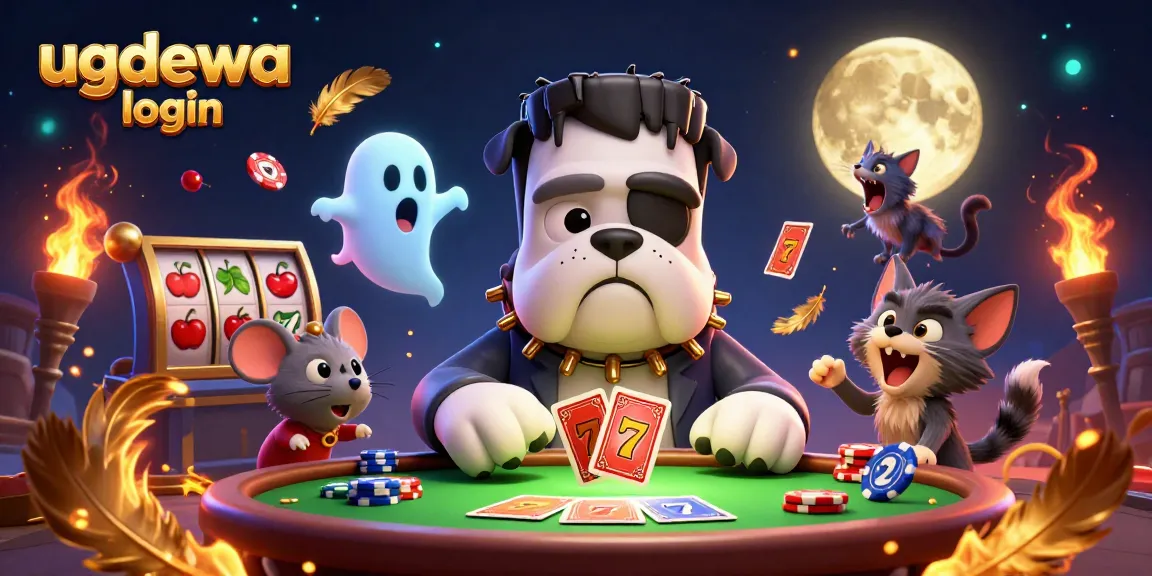 Engage with the ugdewa login as a 3D cartoon Frankenstein bulldog deals cards at a vibrant casino table.