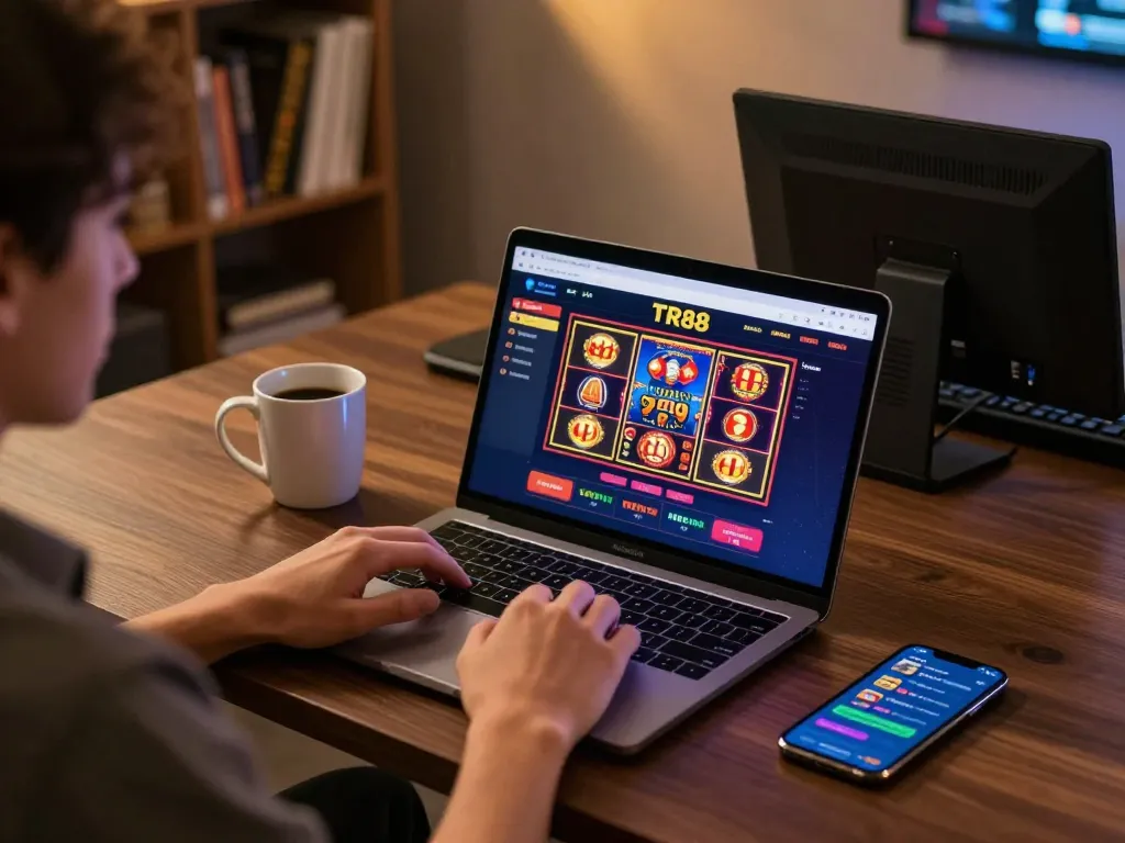Player enjoying TR88 online casino with laptop and mobile device in a cozy home office