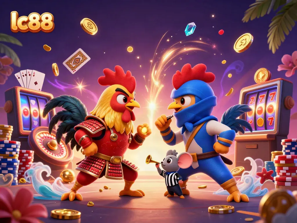 Experience dynamic action with lc88's roosters in a casino showdown filled with golden coins.