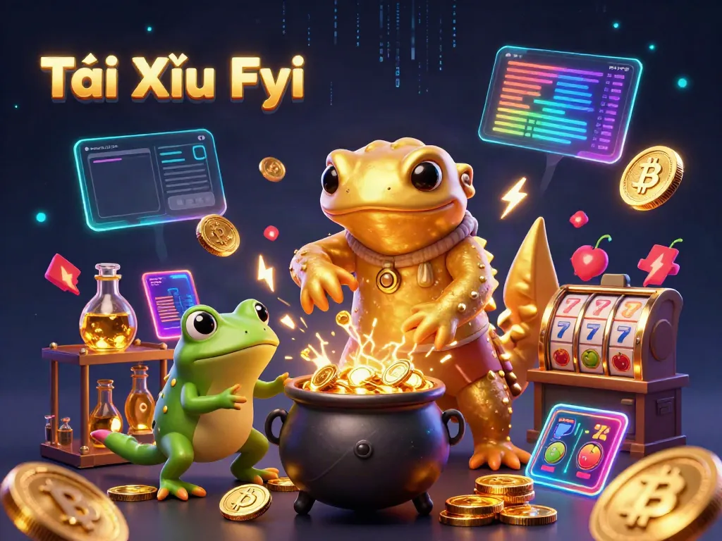 Tài Xỉu Fyi illustration showcasing a golden salamander alchemist in a vibrant casino-themed setting.