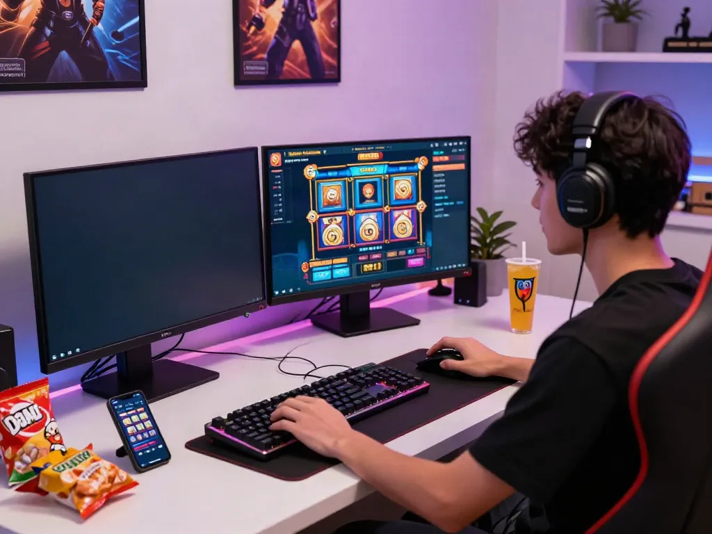 Player enjoying an immersive slot dana gaming experience at a modern desk setup.