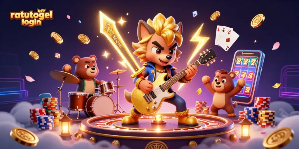 Experience ratutogel login with a vibrant casino scene featuring cartoon characters, coins, and game elements.