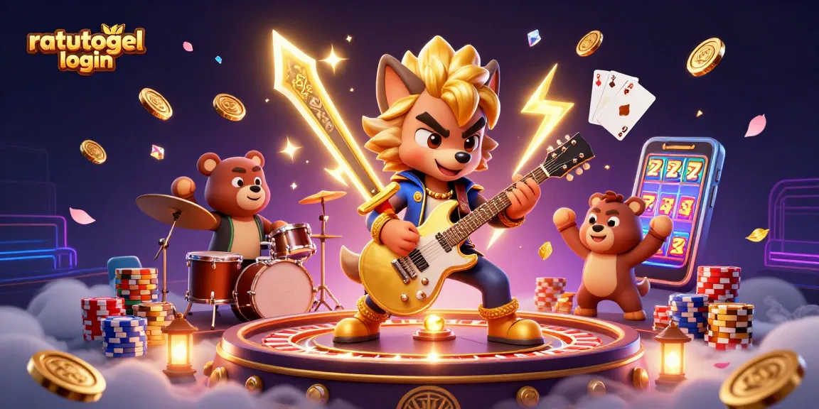 Experience ratutogel login with a vibrant casino scene featuring cartoon characters, coins, and game elements.