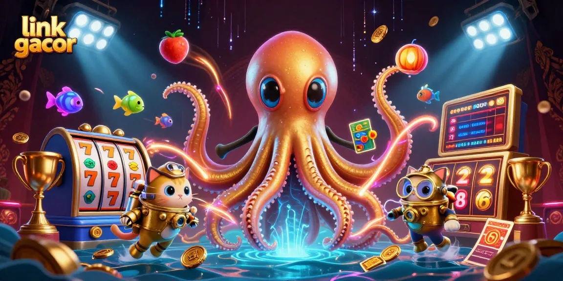 Experience the thrill of link gacor games with a kraken and diving cat in a vibrant casino scene.