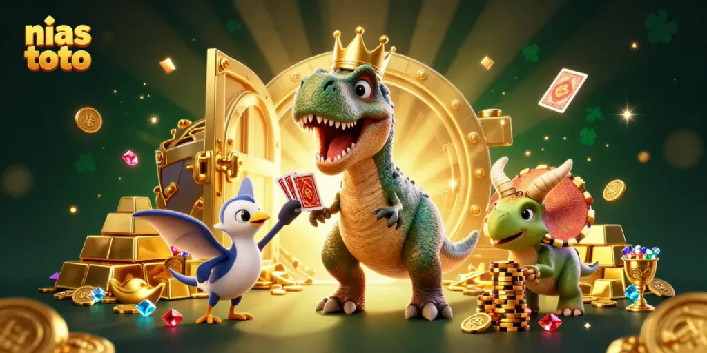 Mainkan nias toto dengan karakter lucu seperti T-Rex dan teman-temannya di diorama kasino yang penuh harta.