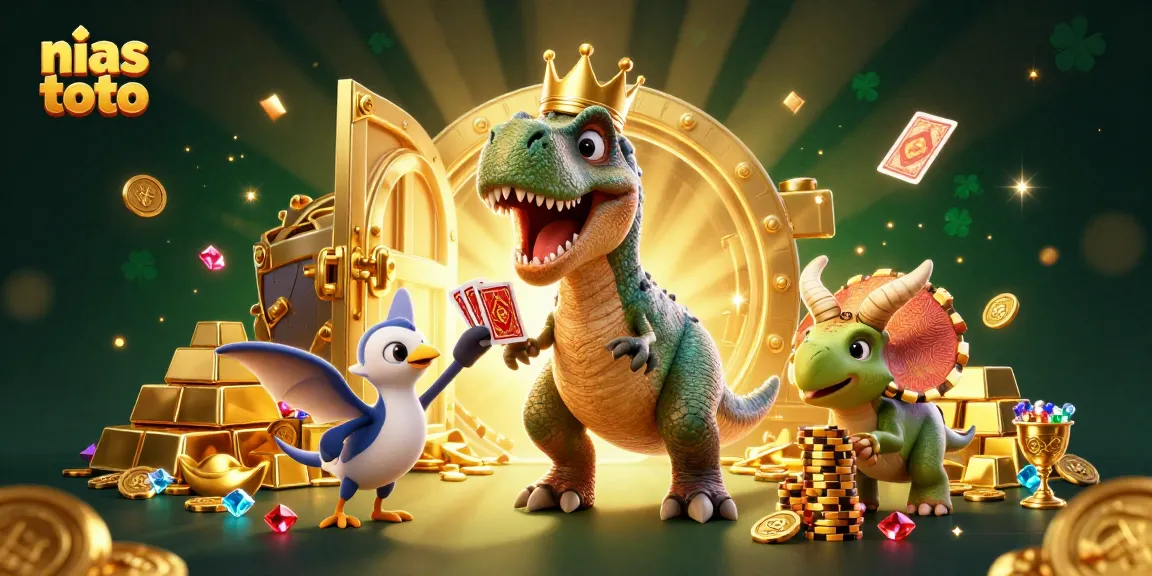 Mainkan nias toto dengan karakter lucu seperti T-Rex dan teman-temannya di diorama kasino yang penuh harta.