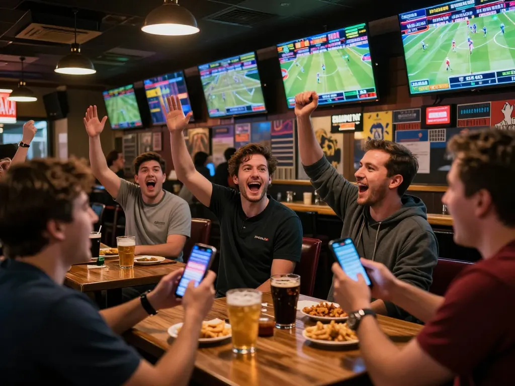 Kèo nhà cái betting excitement in a lively sports bar with patrons cheering on live games.