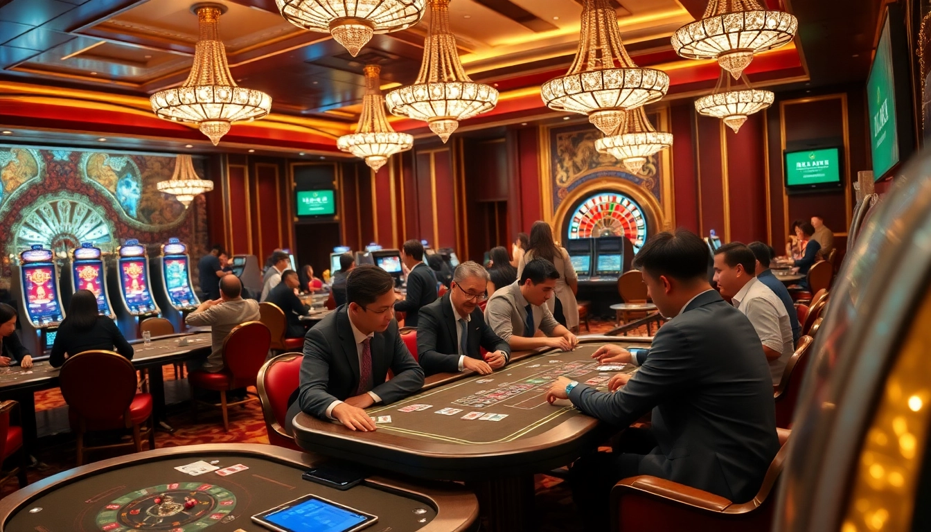 Excited players strategizing in a luxurious casino setting while enjoying Dominoqiu poker game.