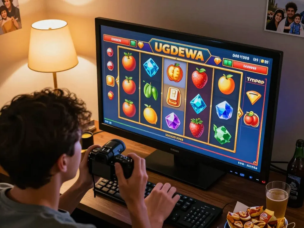 Engaging player immersed in UGDEWA slot game, showcasing vibrant reels and cozy home setup.