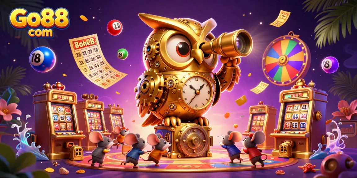 Engage in fortune at Go88 com while exploring the vibrant casino floor, with a whimsical owl and mouse patrons.