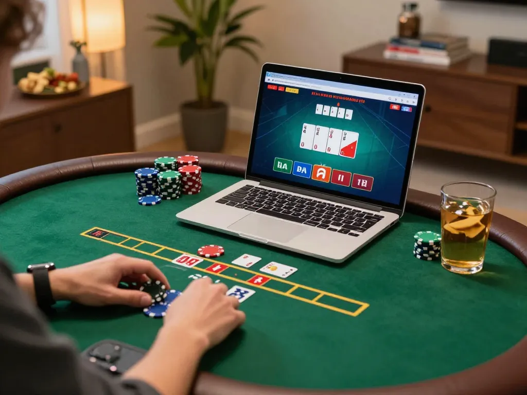 Bergabung dalam permainan poker jalatogel yang mendebarkan di laptop, menampilkan suasana yang cerah dan permainan yang strategis.