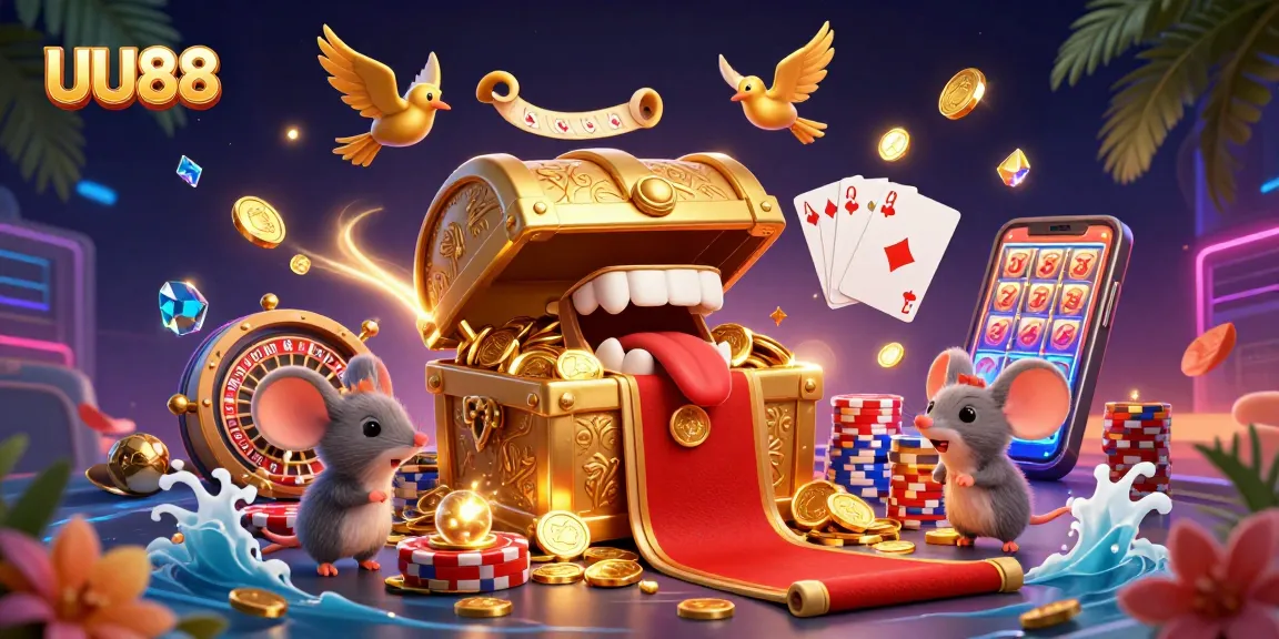 Spin to win at UU88 with vibrant 3D casino scene featuring treasure chests and golden coins.