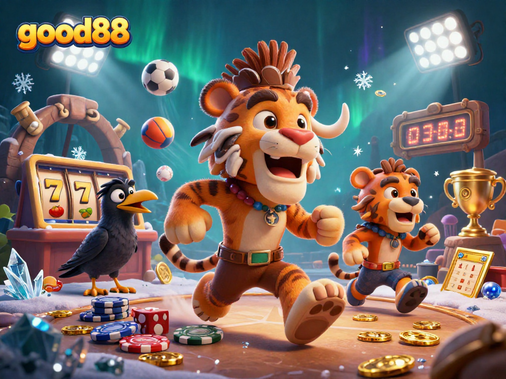 Play exciting games at good88, featuring a fun 3D illustration of a prehistoric casino with lively characters.