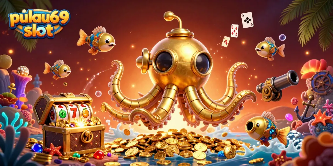 Pulau69 slot showcases a vibrant 3D scene with a kraken submarine amidst golden coins and slot reels.