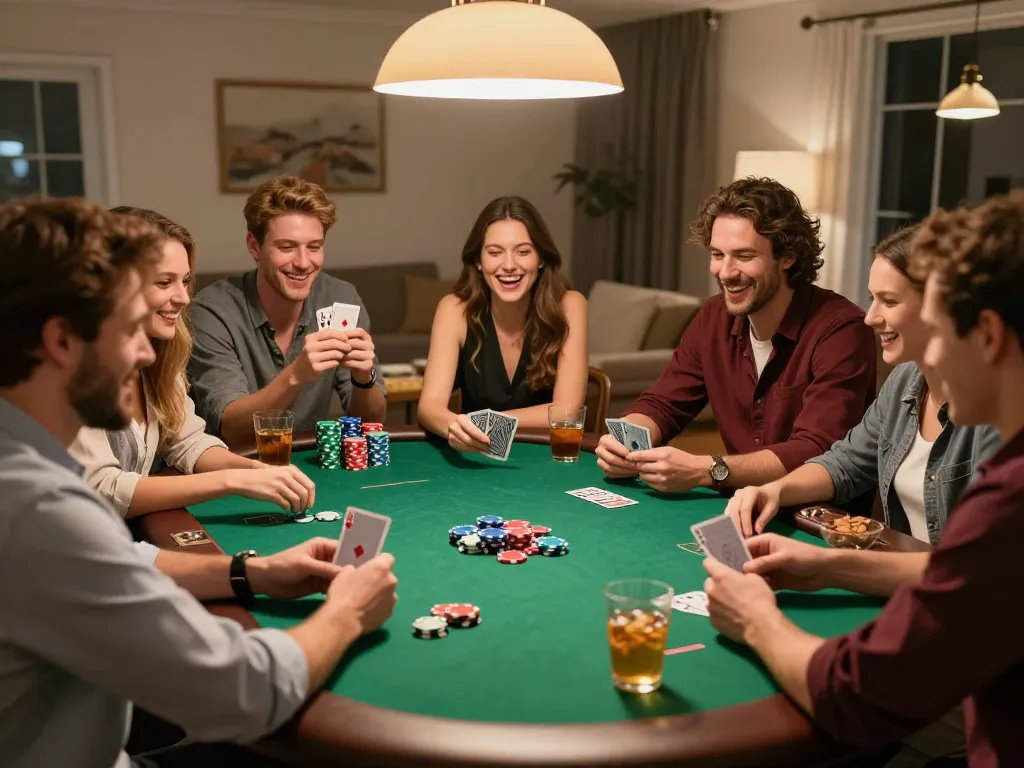 Friends strategically playing poker while enjoying a social gathering, focusing on Agen Slot online experiences.