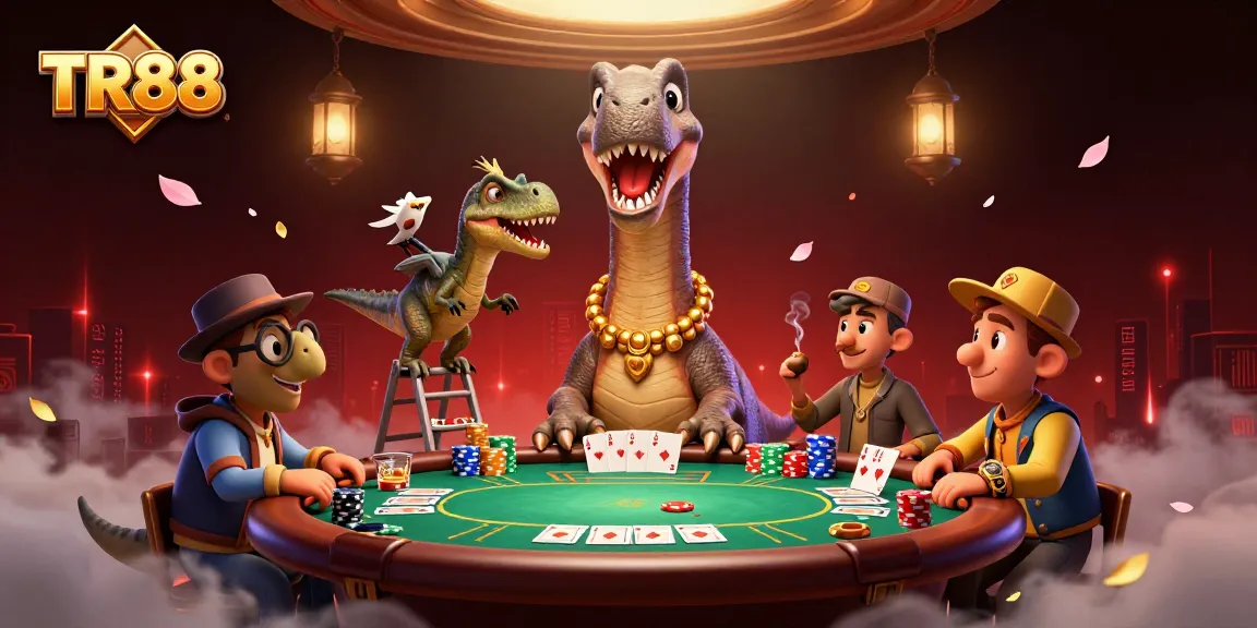 Engage in the excitement of TR88 poker with a colossal brontosaurus overseeing a vibrant game scene.