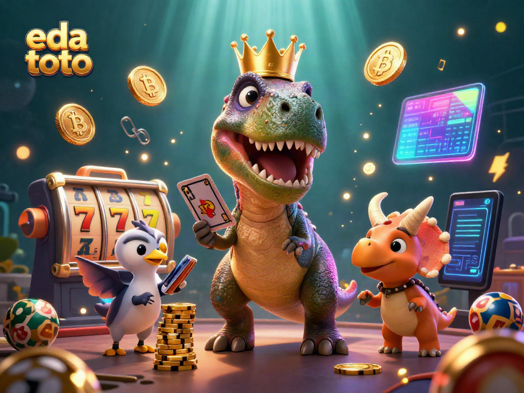 Join the fun with eda toto as friendly dinosaurs play cards at a vibrant online casino!