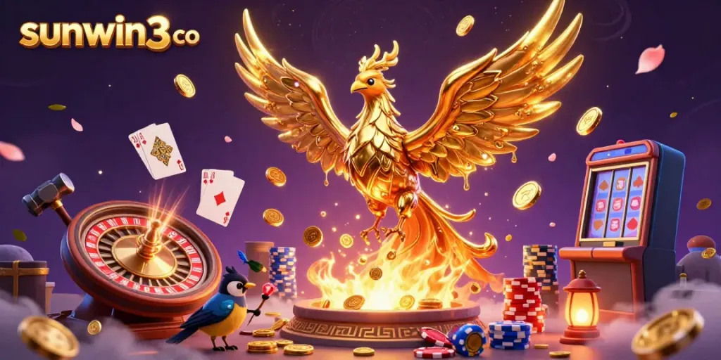 Engage with sunwin3 co's thrilling 3D casino experience featuring a molten gold phoenix and dynamic game elements.