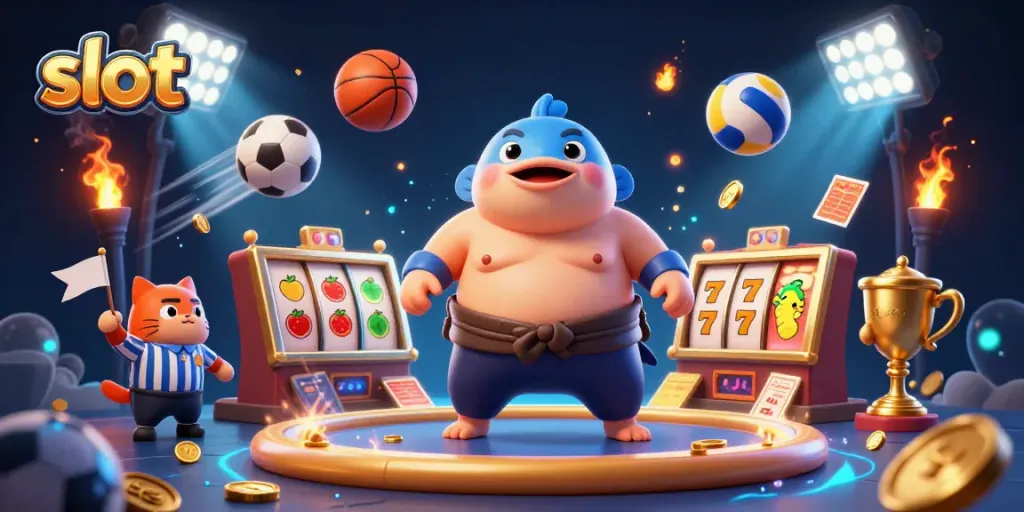 Mainkan slot dengan fugu raksasa di arena bawah laut, dikelilingi oleh elemen kasino yang ceria.