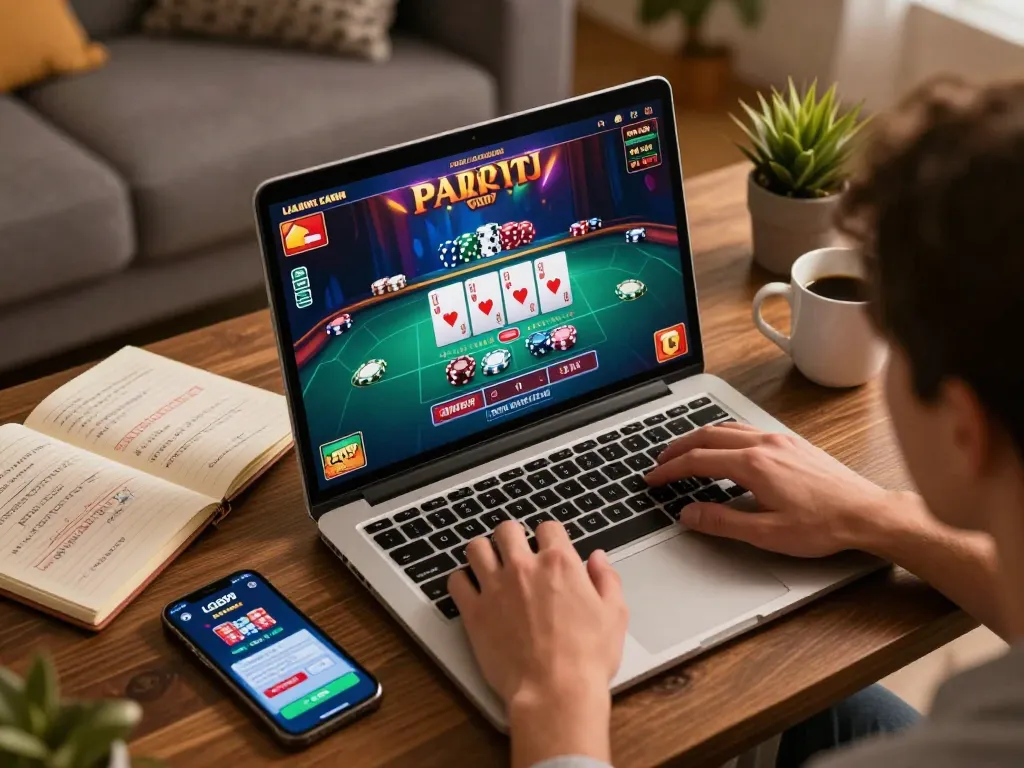 Pemain LGO99 terlibat dalam permainan dealer langsung di laptop, menampilkan strategi permainan online.