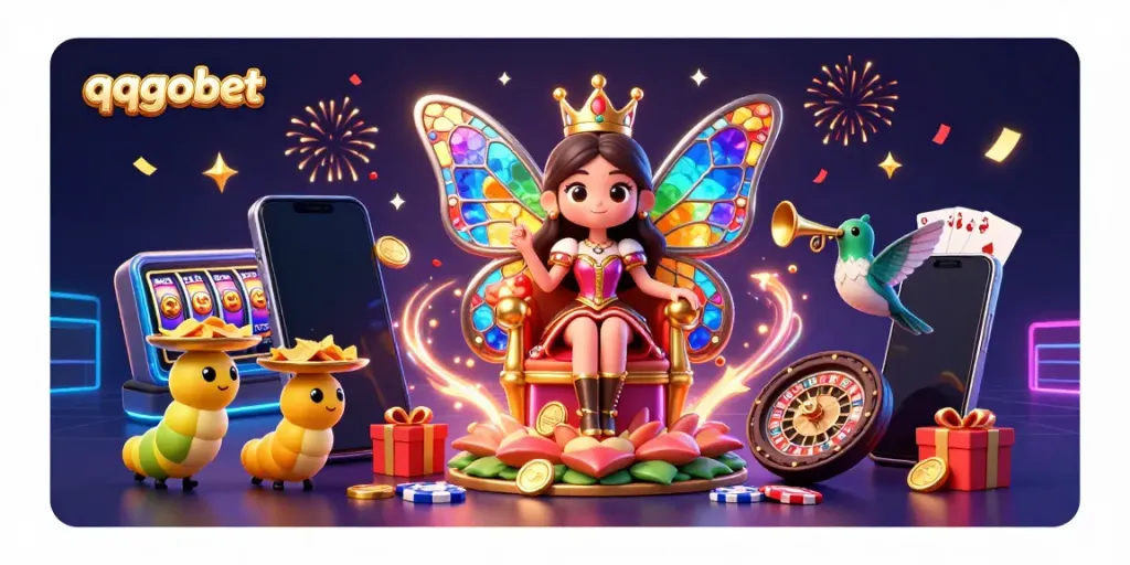 Putar slot di qqgobet dengan ratu kupu-kupu berwarna gem dan ledakan koin emas di udara, di latar belakang yang meriah.