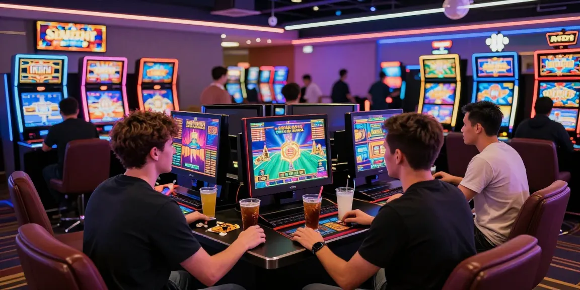 Exciting slot gacor gaming moment in a modern online casino with vibrant players and bright screens.