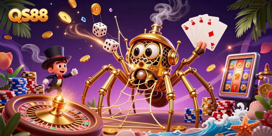 Engage in thrilling QS88 gaming action with a steampunk spider and poker-themed elements amidst a vibrant casino backdrop.