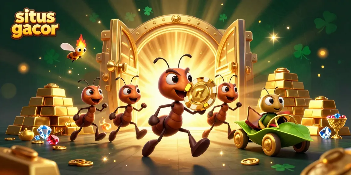 Experience exciting adventures at situs gacor with a heist scene featuring ants, poker chips, and gold treasures.
