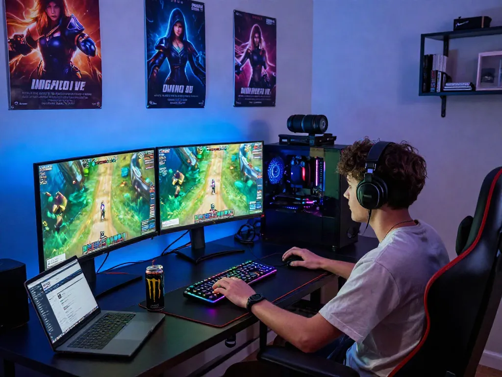 Gamer fokus bermain diana4d di ruang permainan modern dengan aksesoris gaming.