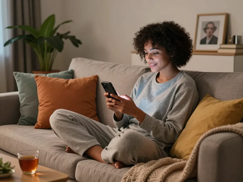 Person engaged in ai sexting conversation on smartphone in cozy home setting.