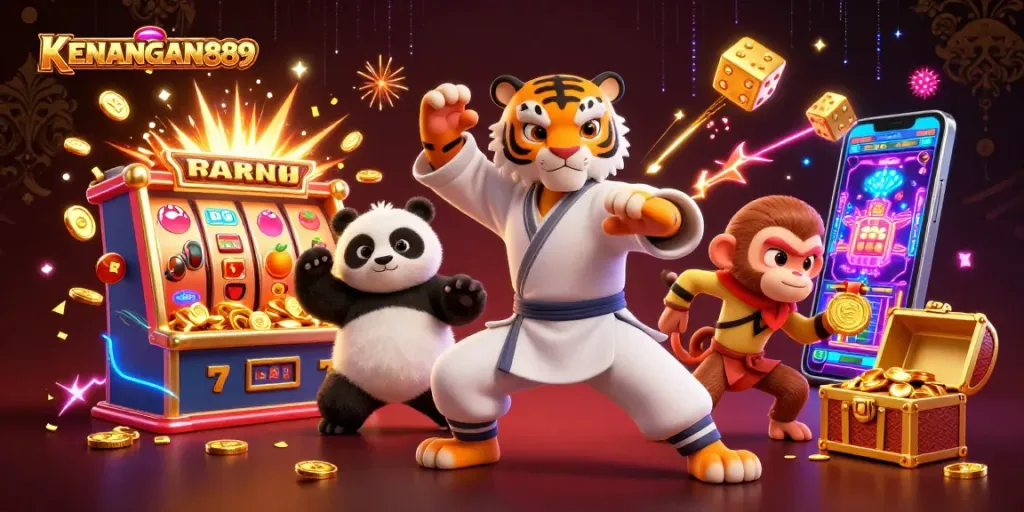 Experience thrilling gaming at KENANGAN889 with our vibrant casino illustration showcasing exciting slot action.