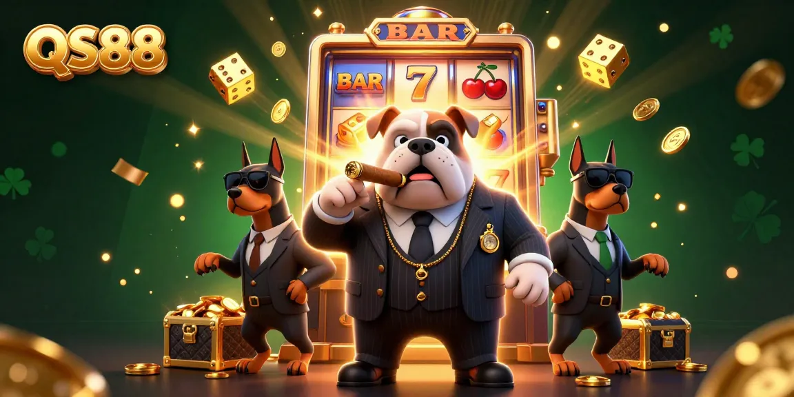 Win big with QS88 as a cartoon mafia boss and bodyguards surround a jackpot explosion of coins and treasures.