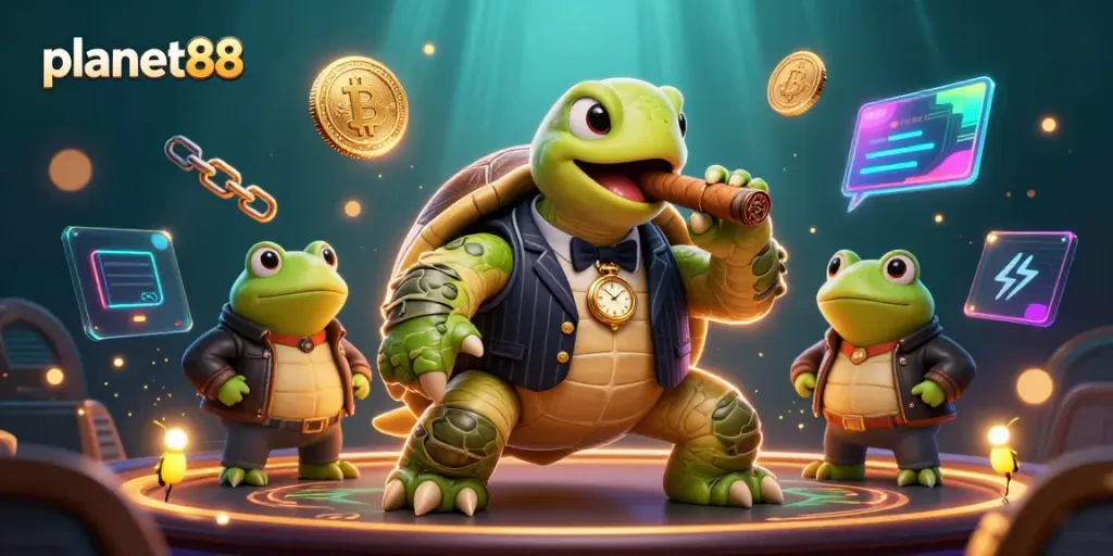 Dynamic casino scene with planet88 characters embracing gambling excitement and cryptocurrency elements.