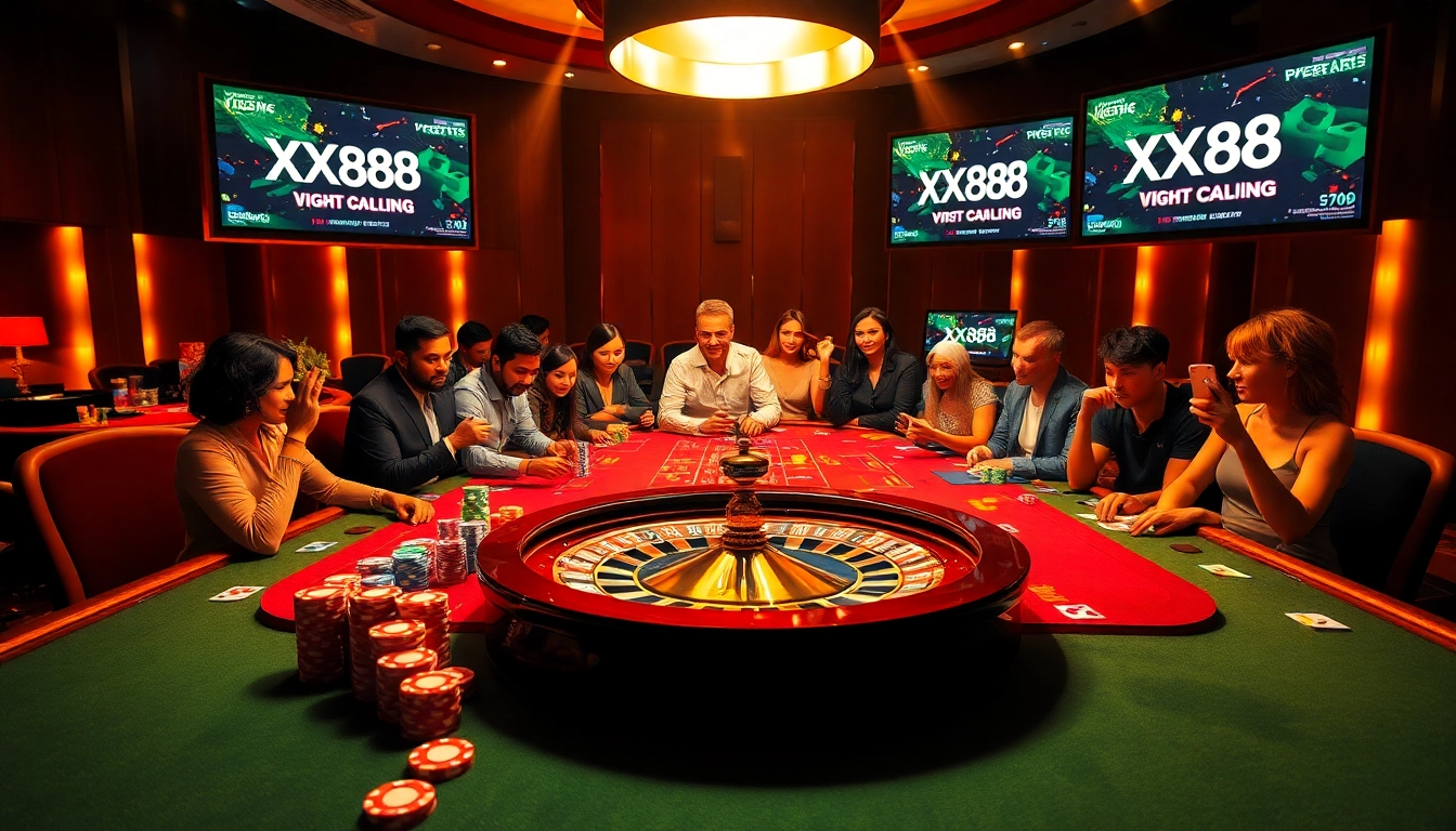 Exciting casino gaming scene featuring poker chips and the logo XX88 58K, showcasing vibrant energy.