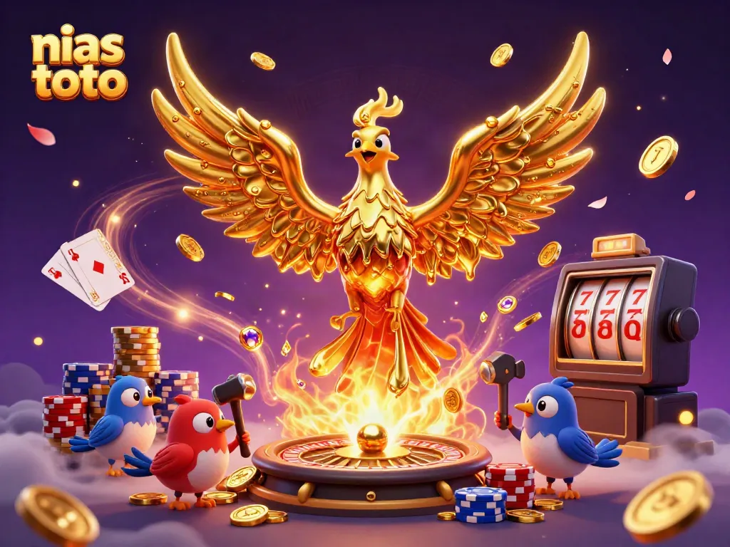 Memenangkan jackpot di nias toto dengan phoenix emas dan elemen kasino yang berkilau.