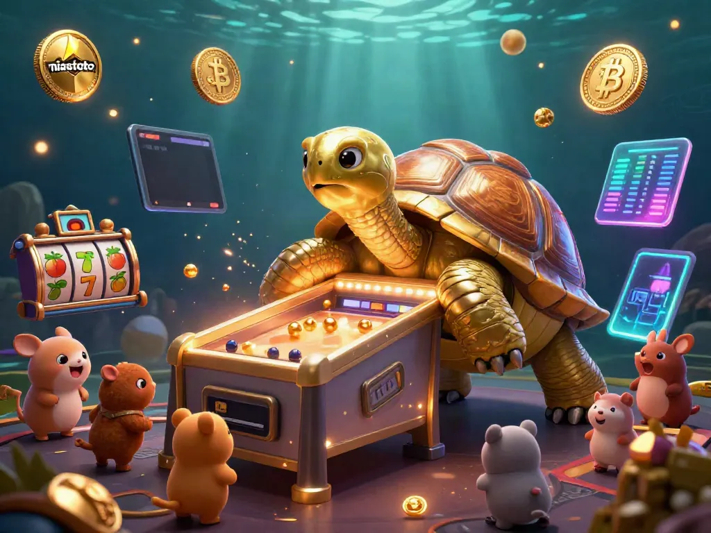 Gambarkan aksi seru di niastoto dengan kura-kura emas dan elemen slot yang menghibur.