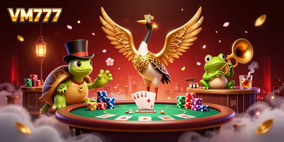 Experience thrilling gameplay with VM777 in this vibrant 3D casino scene featuring dynamic characters and gaming elements.