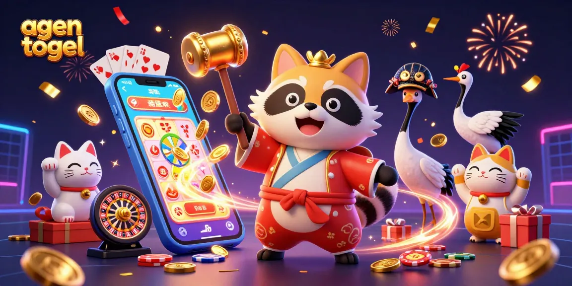 Menggali kemenangan agen togel dengan karakter ceria dan elemen permainan menarik di latar belakang yang memukau.