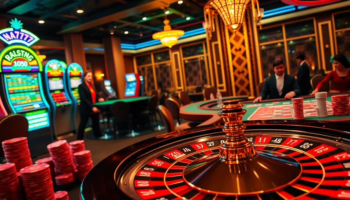 Place your bets at NA777 with vibrant casino gaming elements including roulette and poker.