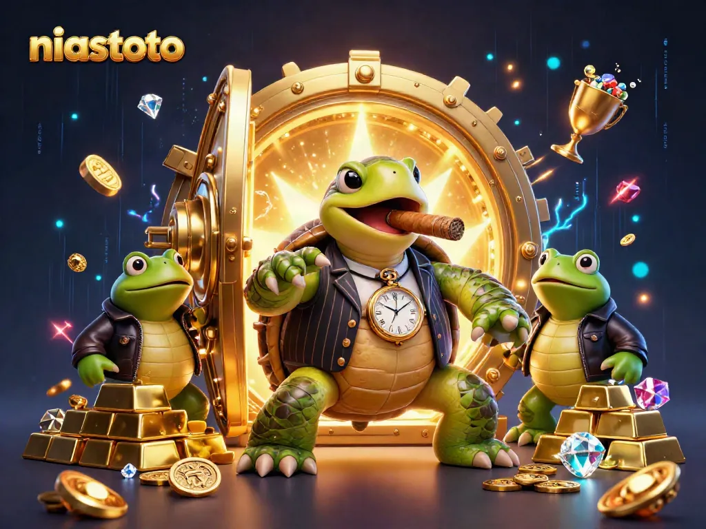 Engage with niastoto in a vibrant casino scene featuring a snapping turtle mobster amidst dazzling treasures.