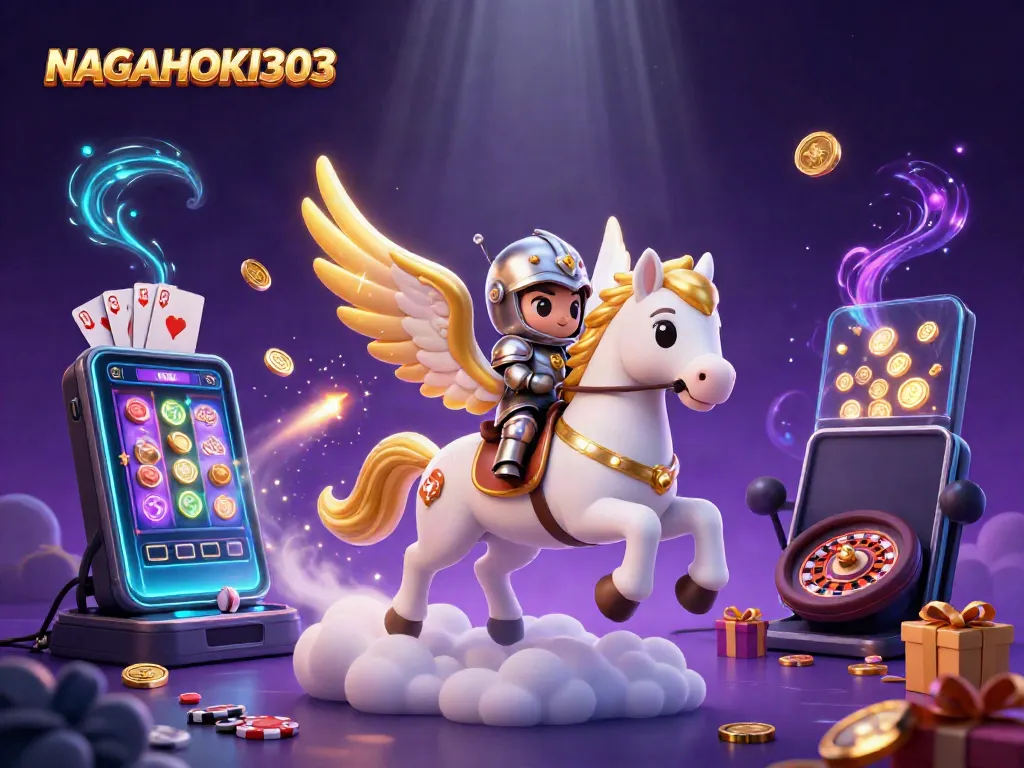 NAGAHOKI303 captures the thrill of online slots with a 3D cosmic scene featuring a celestial horse and vibrant slot game elements.