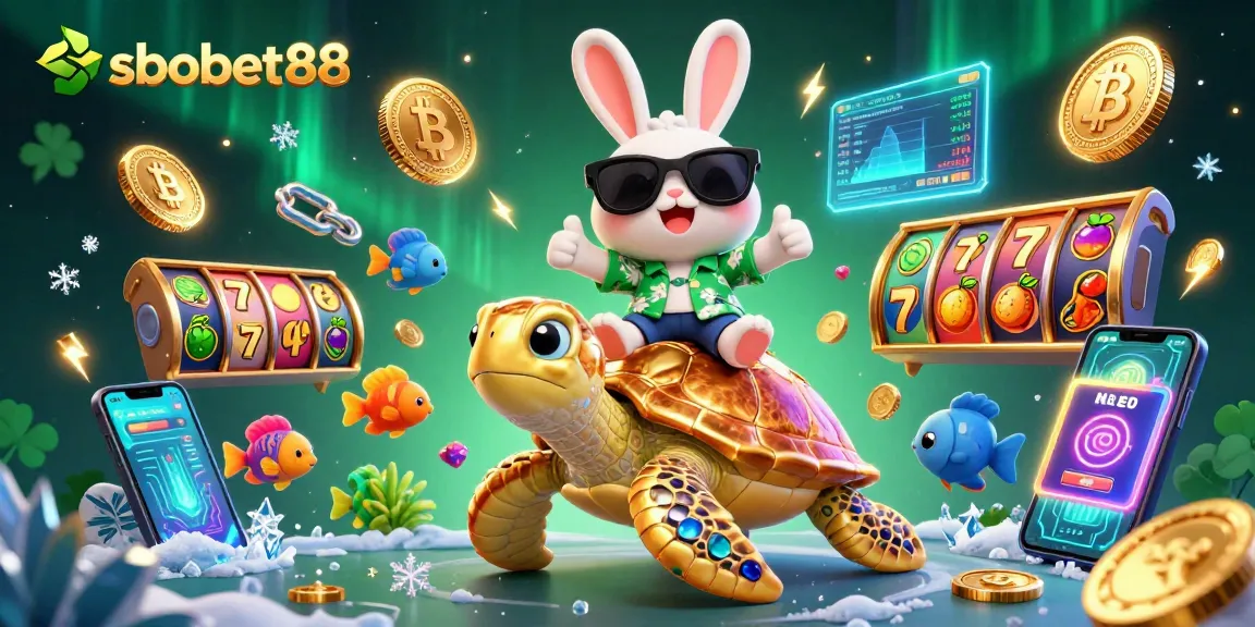 sbobet88 showcases a lively scene with a rabbit and turtle, emphasizing casino slots and vibrant colors.