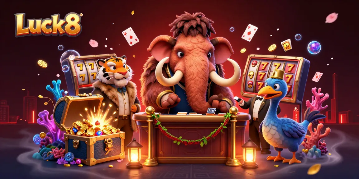 Experience Luck8's vibrant casino scene with engaging characters and thrilling game elements.