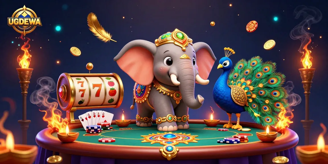 UGDEWA provides thrilling slot gaming action with a vibrant elephant and peacock in a festive scene.