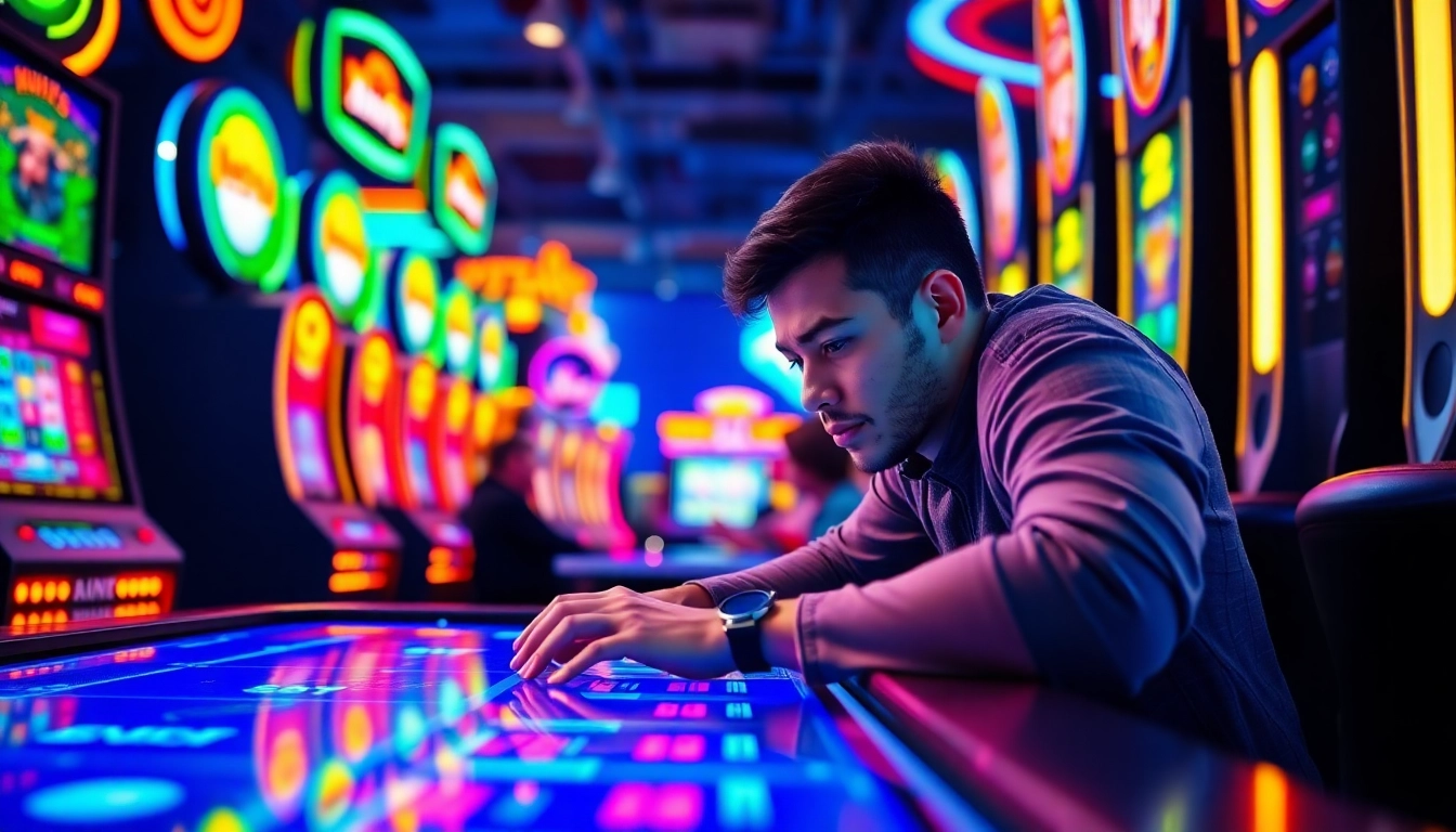 Kutu4d Gamer memainkan permainan kasino dengan fokus tinggi dan lampu terang di sekitarnya.