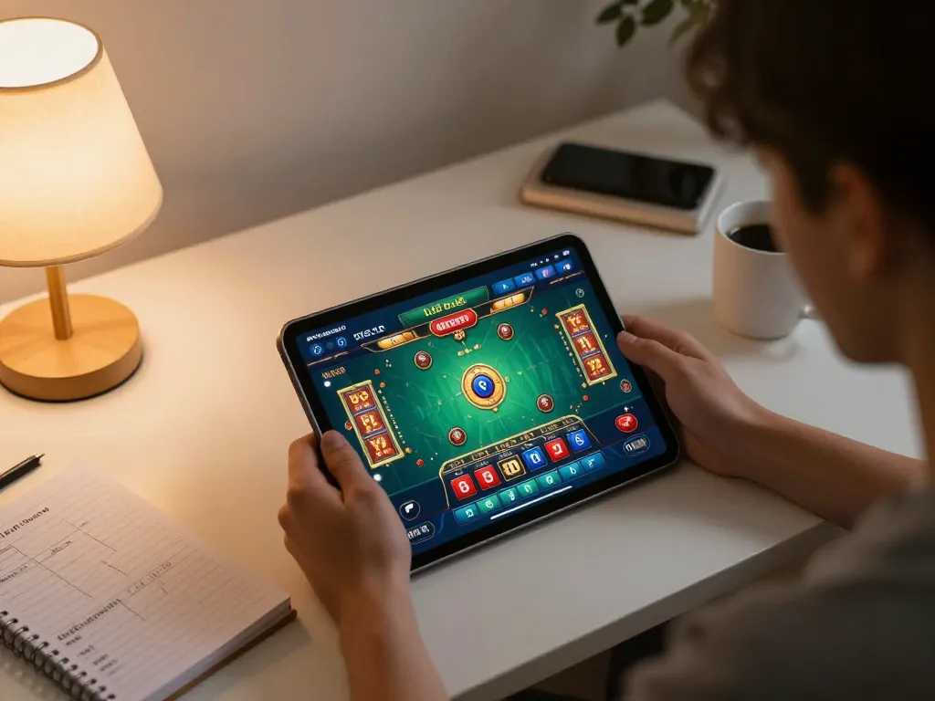 Engaging player focused on lô đề trực tuyến on tablet with strategy notes in a cozy home setting.
