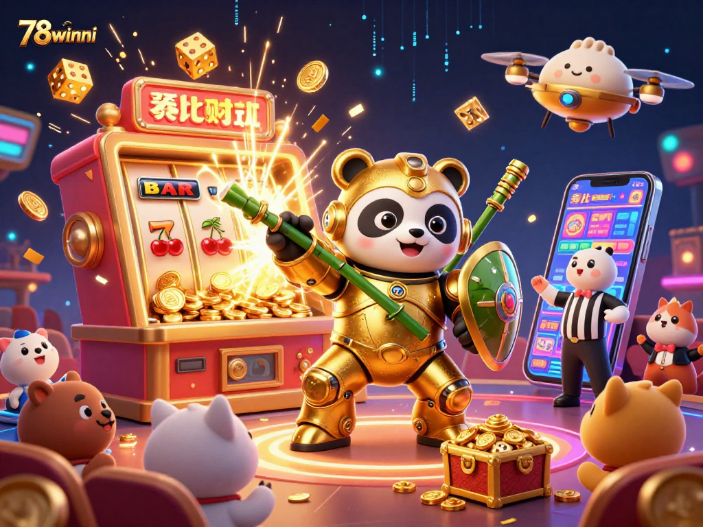 Experience exciting gaming with 78winni; dynamic slot machine and lively characters in a casino arena.