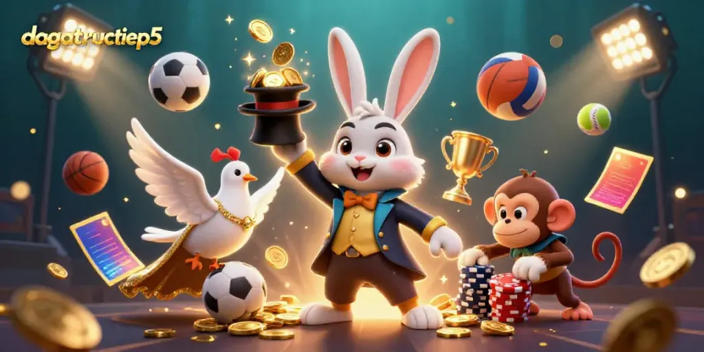 Experience the magic at dagatructiep5 as a charming magician rabbit creates a cascade of golden coins.