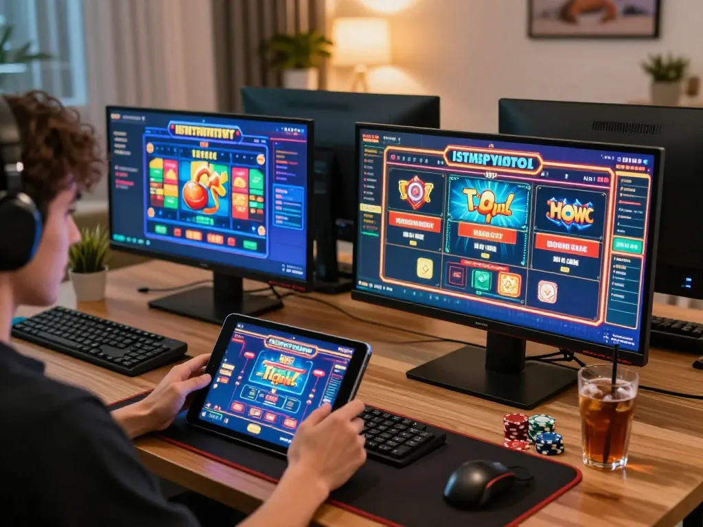 Menyenangkan pengaturan permainan online yang menampilkan situs slot gacor dengan layar yang cerah dan interaksi pemain yang antusias.