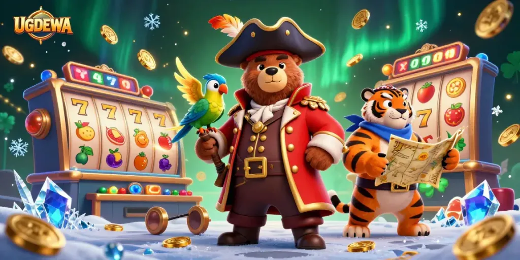 Engage with UGDEWA's dynamic online slots, featuring a charismatic pirate bear and his companions amidst vibrant casino action.